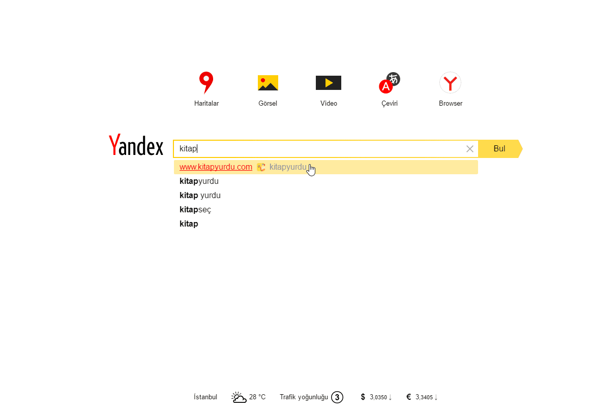 Yandex'te kitap arama önerisi